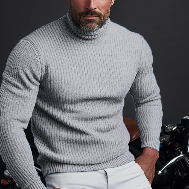 Pull à col roulé côtelé pour hommes - Tricot classique pour l'hiver