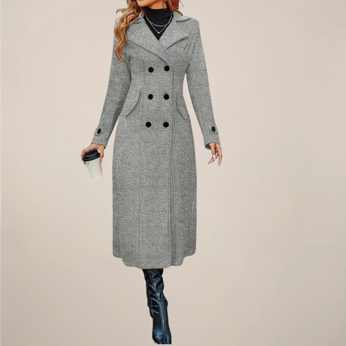 Manteau Long Croisé pour Femmes - Design Élégant avec Revers pour l'Automne & l'Hiver