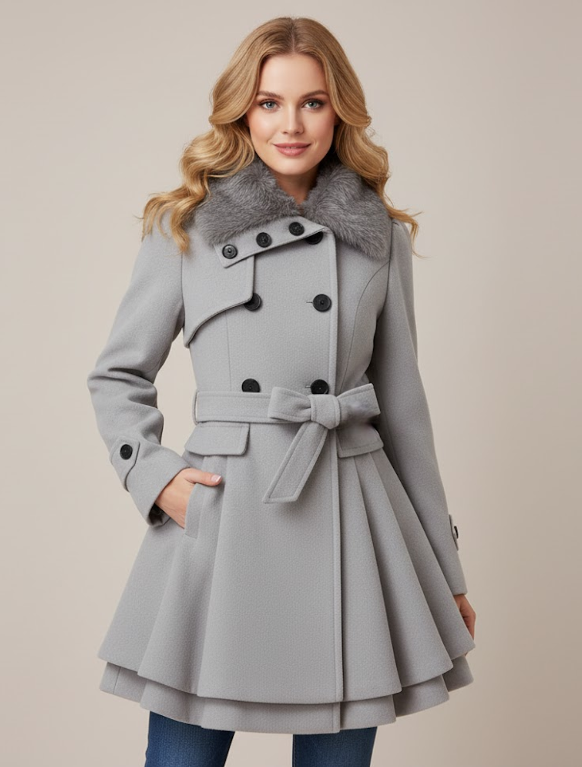 Manteau Chic Croisé Ceinturé avec Col en Fourrure Synthétique pour Occasions Élégantes