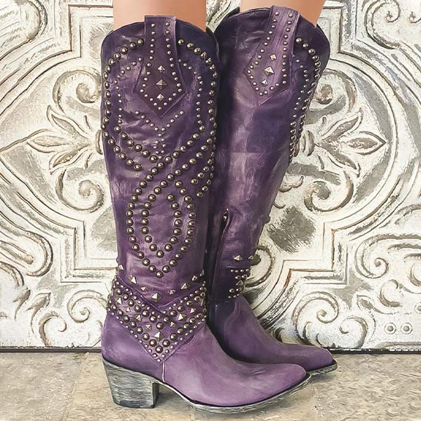 Bottes de Cowboy à Talon Épais pour Femmes avec Clous