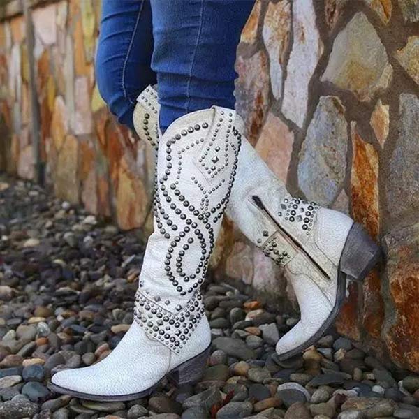 Bottes de Cowboy à Talon Épais pour Femmes avec Clous