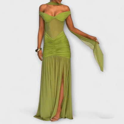 Nicole - Robe Maxi Vert Olive à Décolleté en V pour Événements