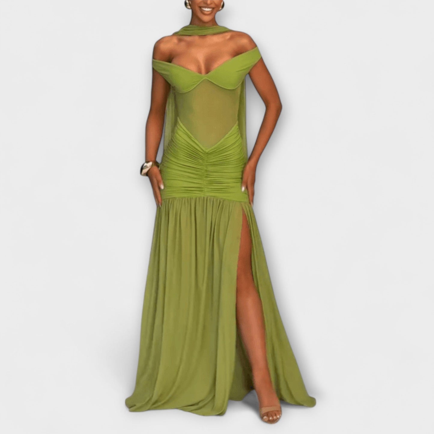 Nicole - Robe Maxi Vert Olive à Décolleté en V pour Événements