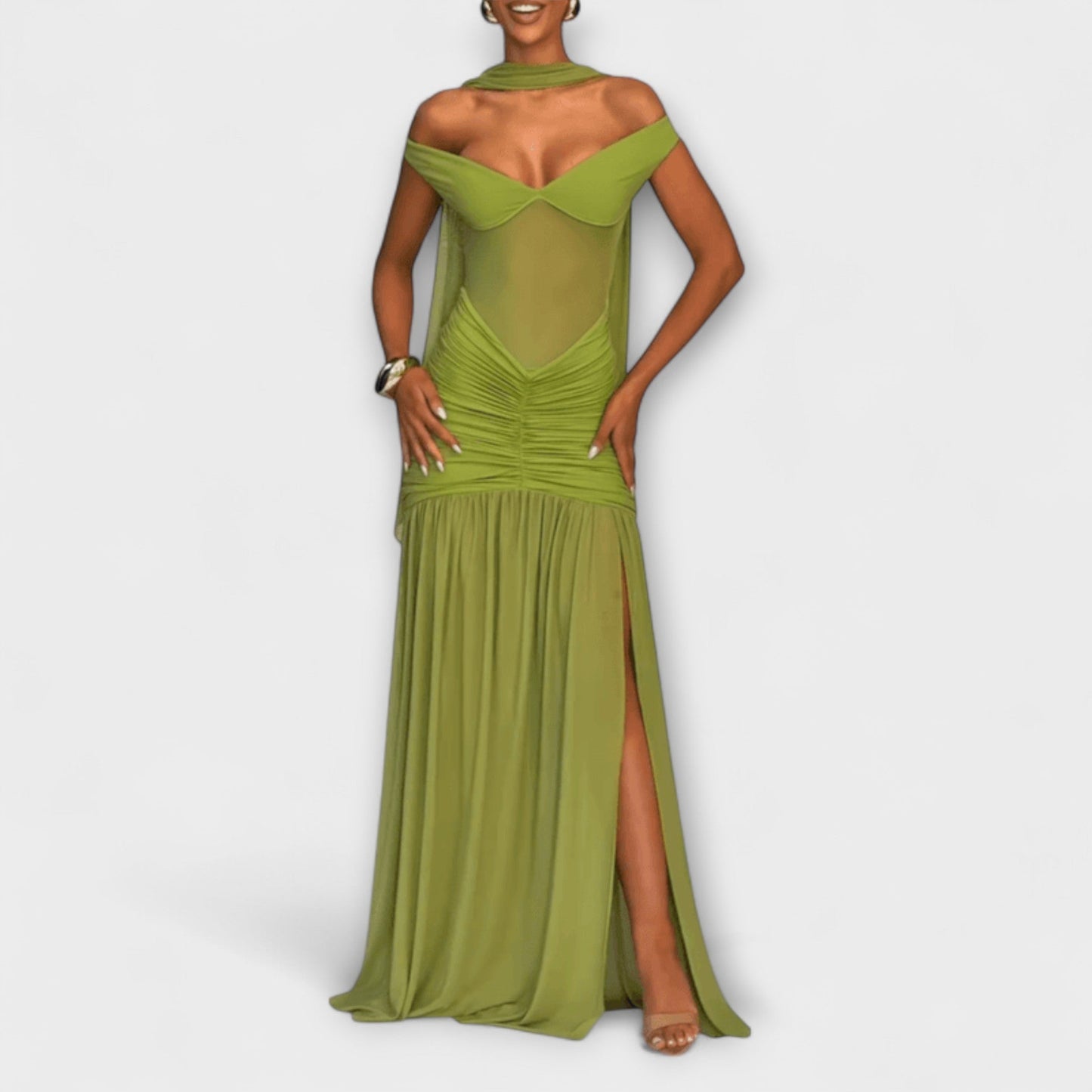 Nicole - Robe Maxi Vert Olive à Décolleté en V pour Événements