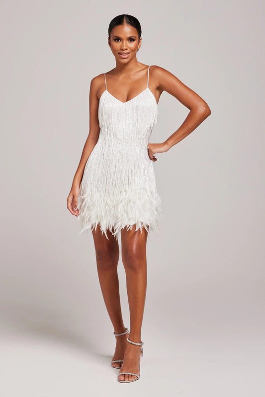 Margaret | Robe de cocktail à franges et plumes pour femmes pour événements