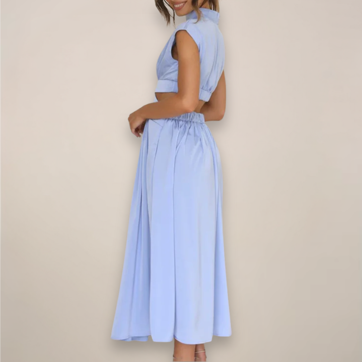 Robe Maxi Chic à Manches Courtes avec Taille Découpée