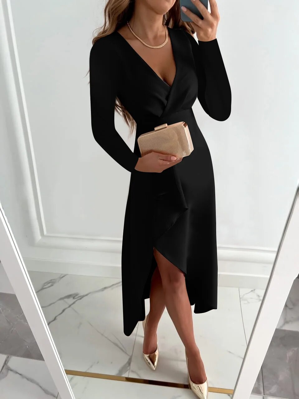 Robe Midi Chic à Col V avec Fente Élégante