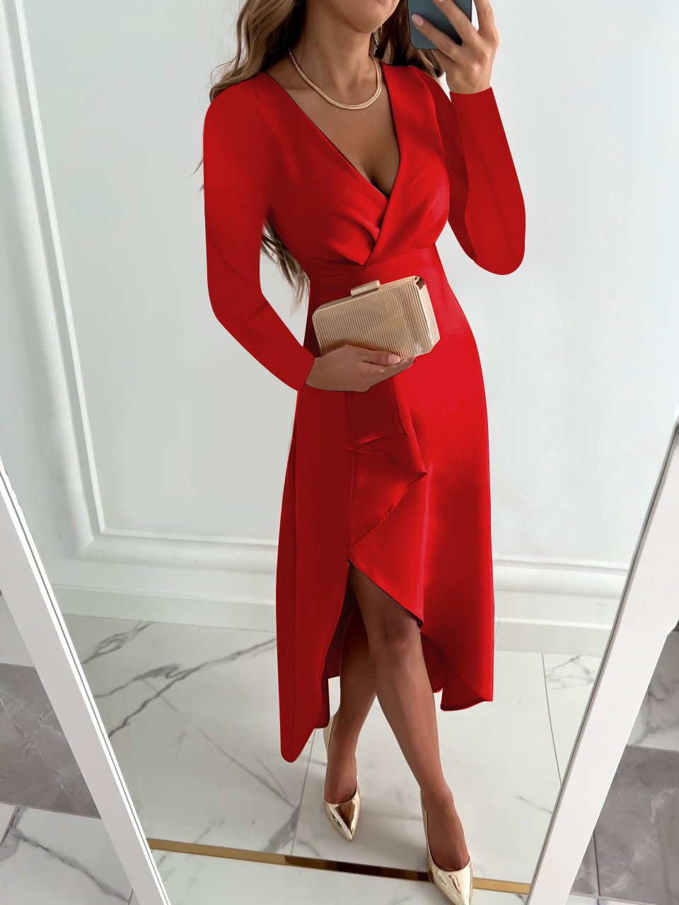 Robe Midi Chic à Col V avec Fente Élégante