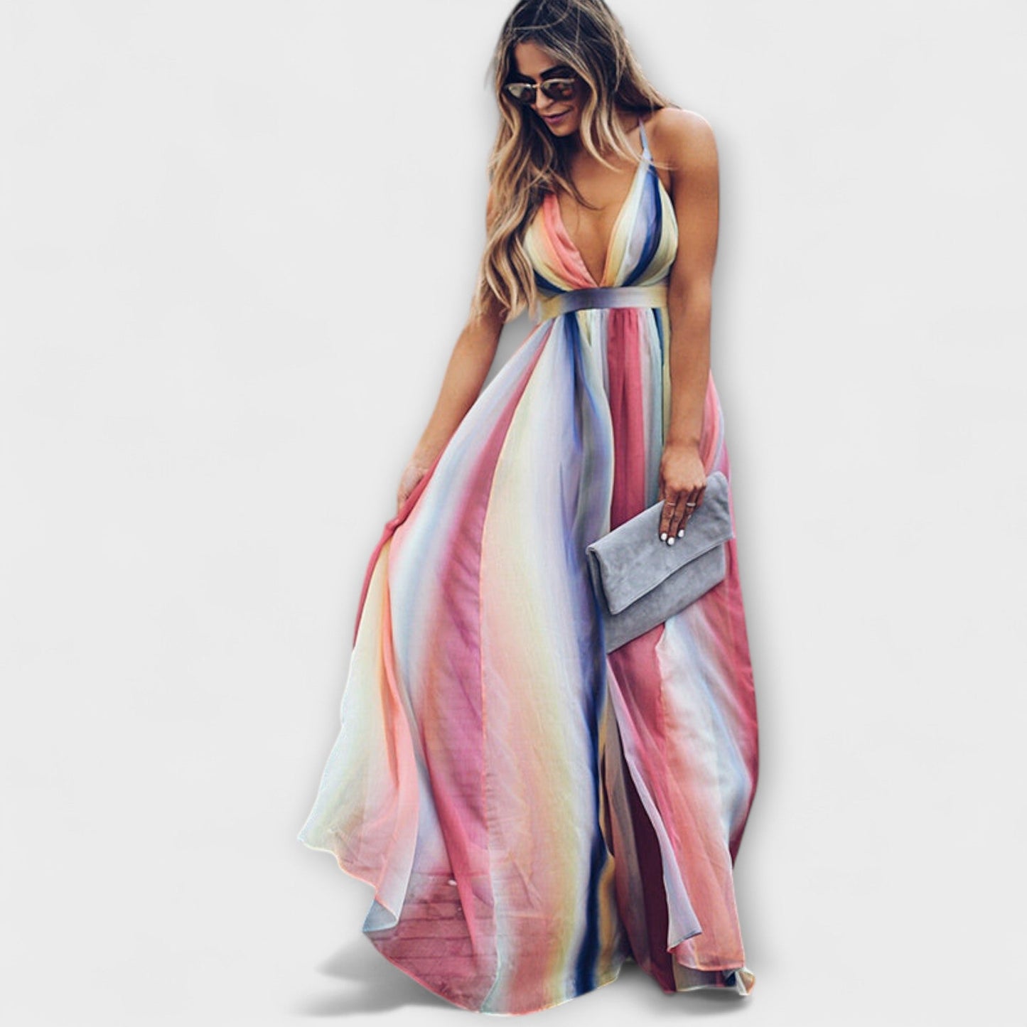 Robe Maxi Femme à Rayures Multicolores en V pour Toutes les Occasions