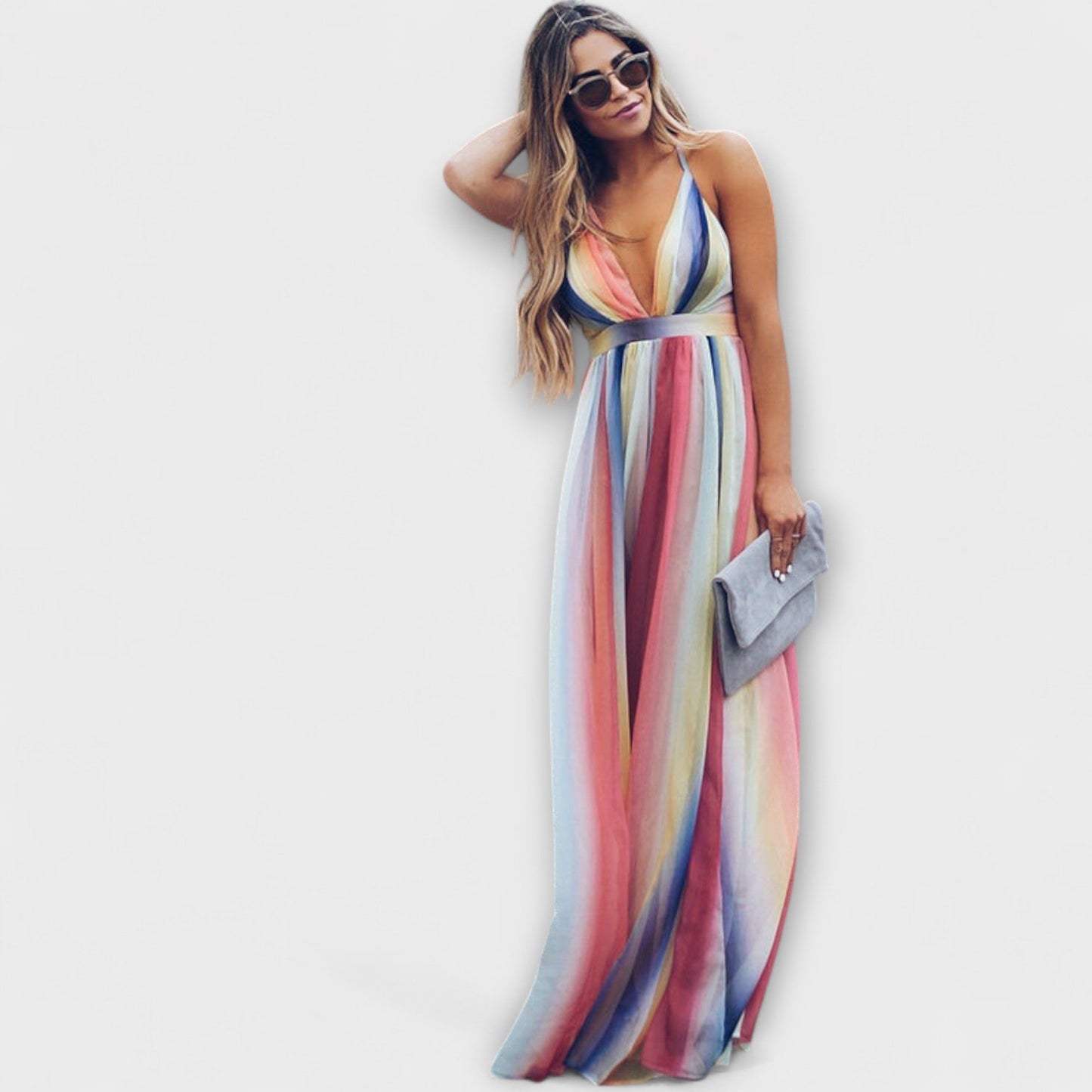 Robe Maxi Femme à Rayures Multicolores en V pour Toutes les Occasions