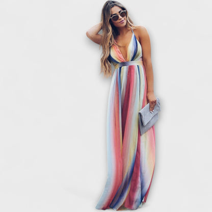 Robe Maxi Femme à Rayures Multicolores en V pour Toutes les Occasions