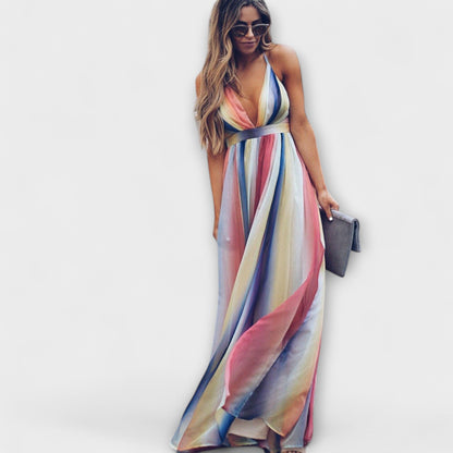 Robe Maxi Femme à Rayures Multicolores en V pour Toutes les Occasions