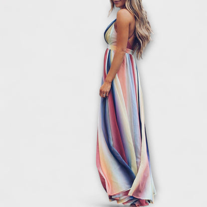 Robe Maxi Femme à Rayures Multicolores en V pour Toutes les Occasions