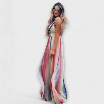 Robe Maxi Femme à Rayures Multicolores en V pour Toutes les Occasions