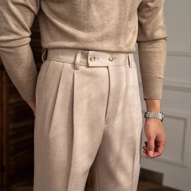 Pantalon de Costume Homme à Taille Haute et Plis Élégant