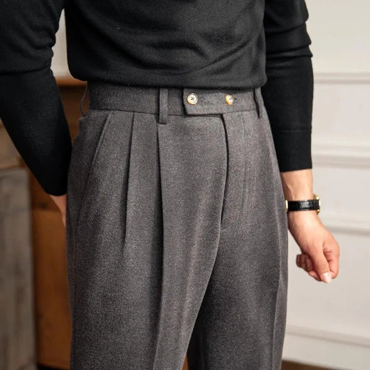 Pantalon de Costume Homme à Taille Haute et Plis Élégant