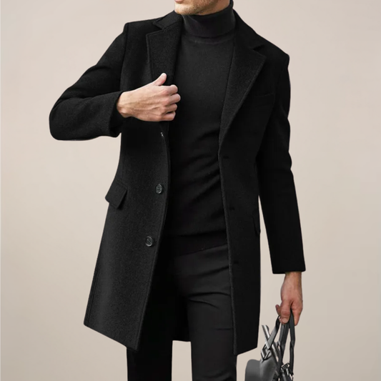 Manteau Long Noir pour Homme - Manteau Élégant à Simple Boutonnage pour Événements d'Hiver