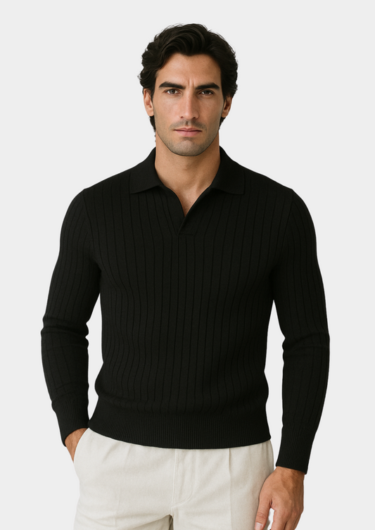 Pull Polo Noir en Maille Côtelée pour Tenue Smart Casual