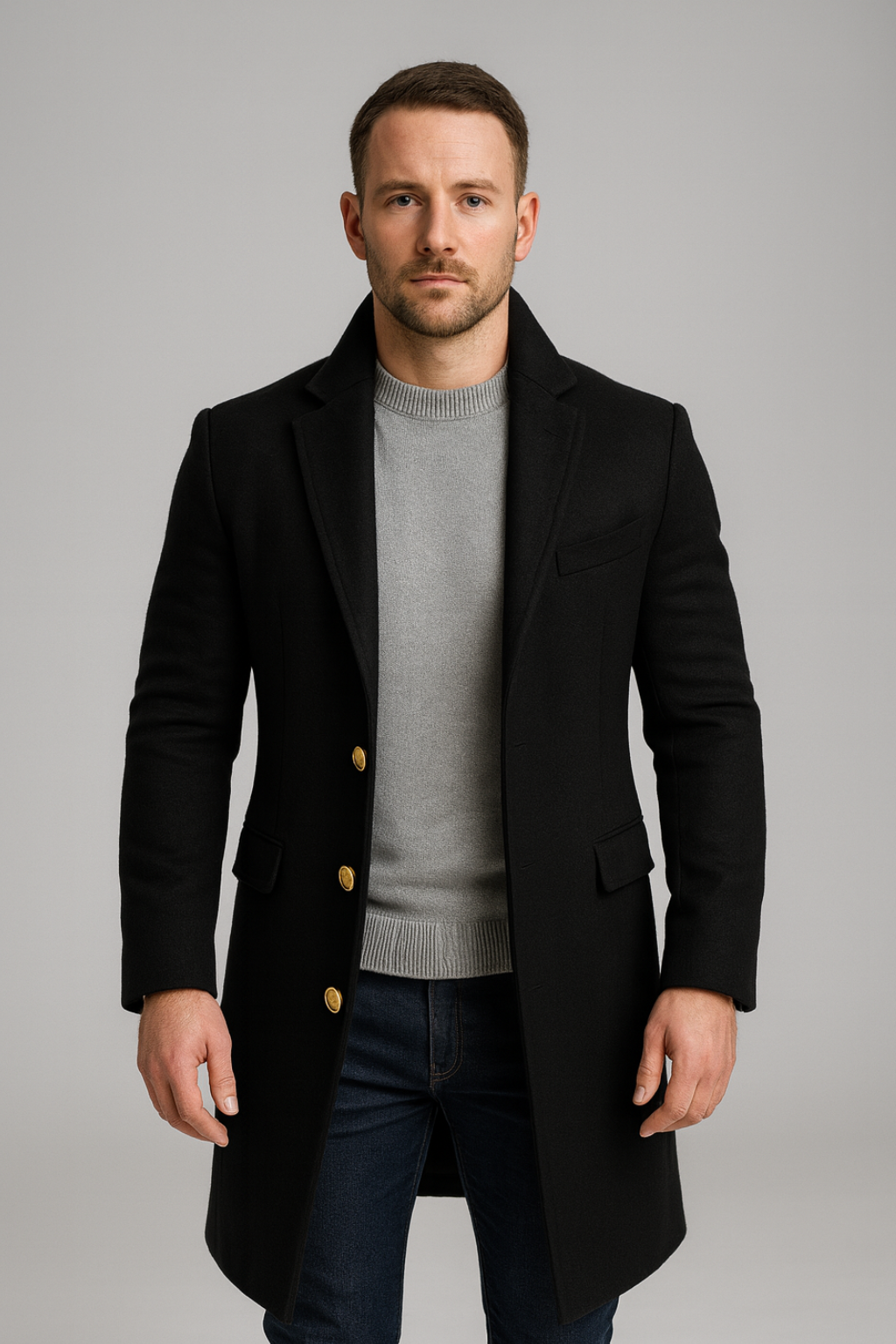 Manteau Long Noir pour Homme avec Boutons Dorés - Idéal pour Événements Formels