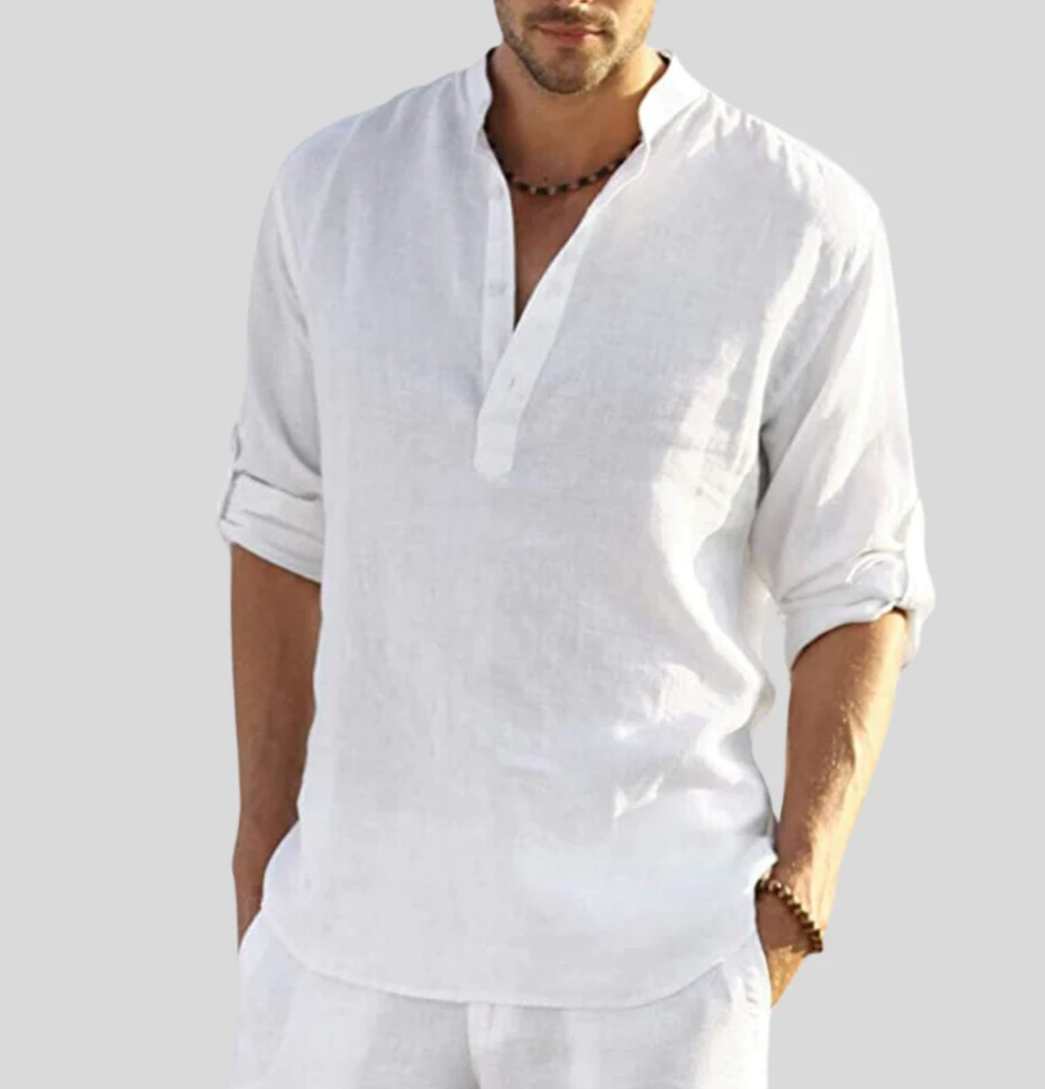 Chemise d'été en lin pour hommes - Col en V avec patte de boutonnage pour la plage et les sorties décontractées