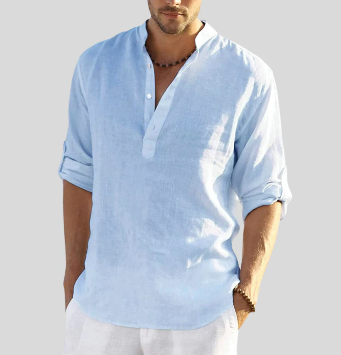 Chemise d'été en lin pour hommes - Col en V avec patte de boutonnage pour la plage et les sorties décontractées
