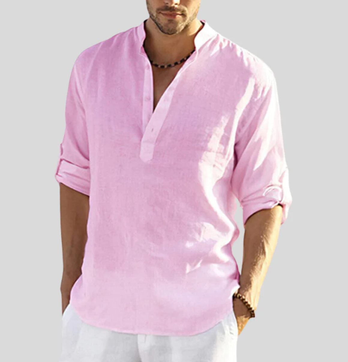 Chemise d'été en lin pour hommes - Col en V avec patte de boutonnage pour la plage et les sorties décontractées