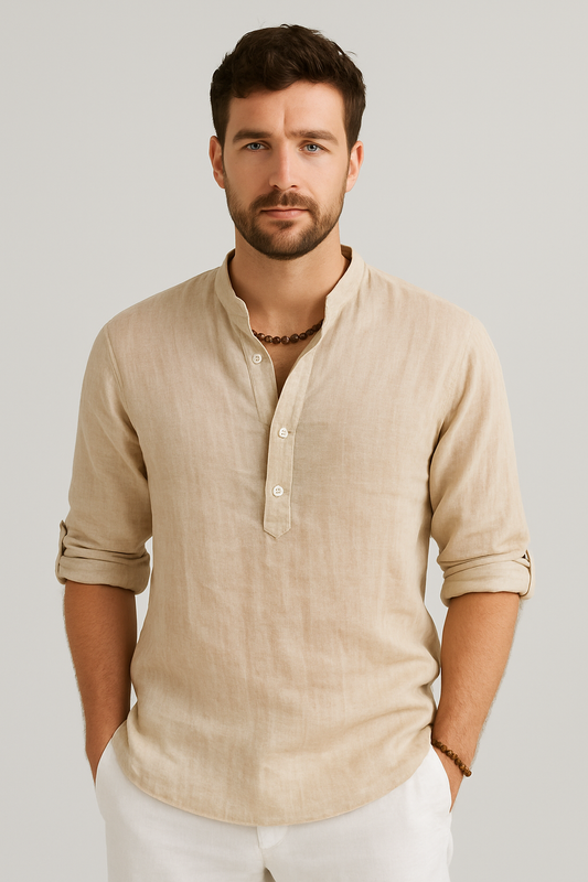 Chemise d'été en lin pour hommes - Col en V avec patte de boutonnage pour la plage et les sorties décontractées