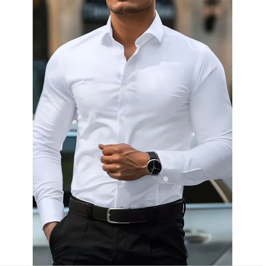 Chemise à manches longues pour hommes, coupe slim, à bouton, pour toutes les occasions
