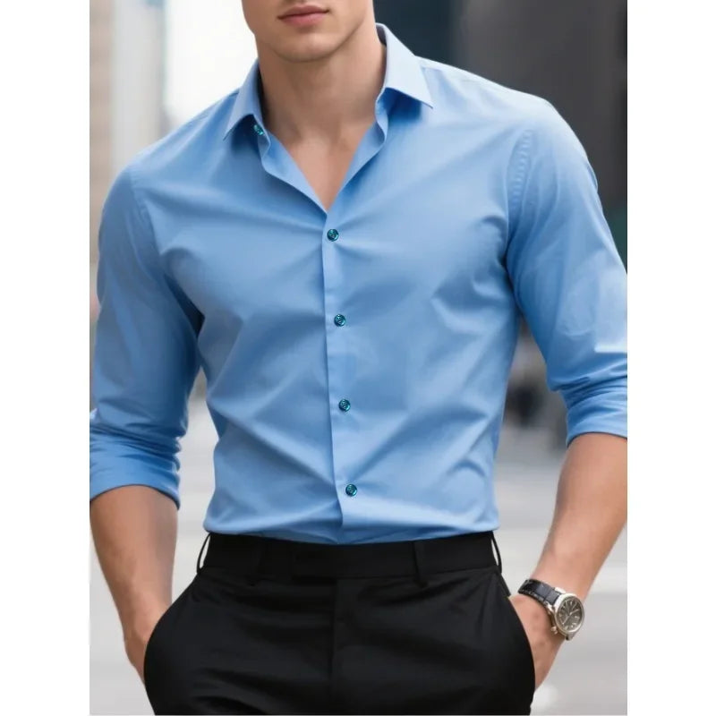 Chemise à manches longues pour hommes, coupe slim, à bouton, pour toutes les occasions