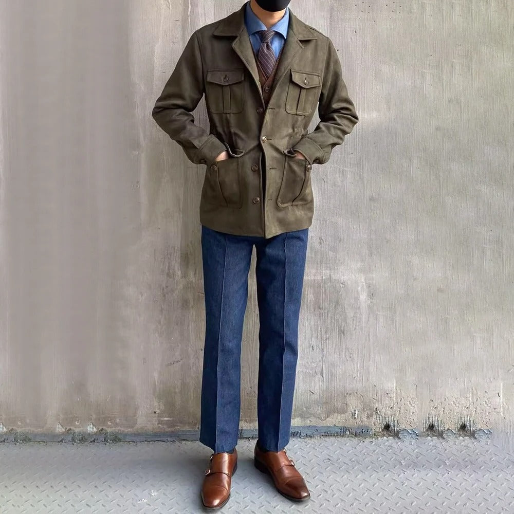 Veste de Chasse en Suède pour Homme – Design à Quatre Poches pour Aventures en Plein Air