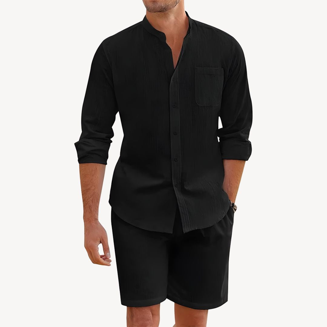 Ensemble Chemise à Boutons et Shorts à Cordon pour Hommes – Idéal pour la Plage et les Activités de Plein Air