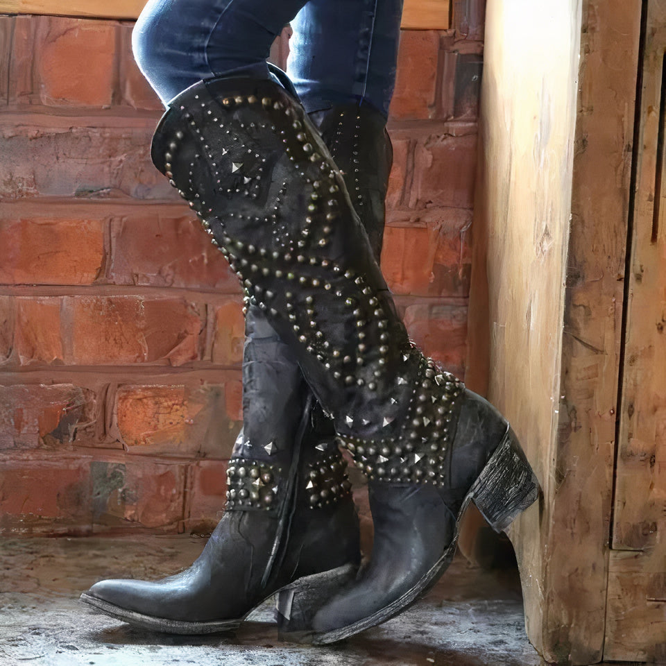 Bottes de Cowboy à Talon Épais pour Femmes avec Clous