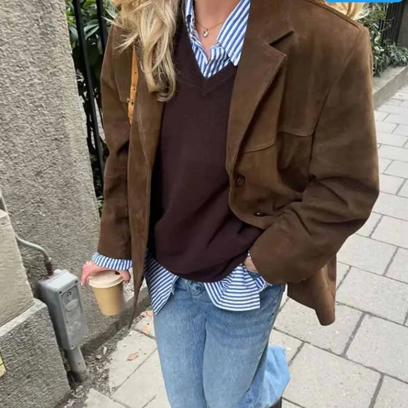 Blazer en Suède Vintage Chic pour Occasions Élégantes