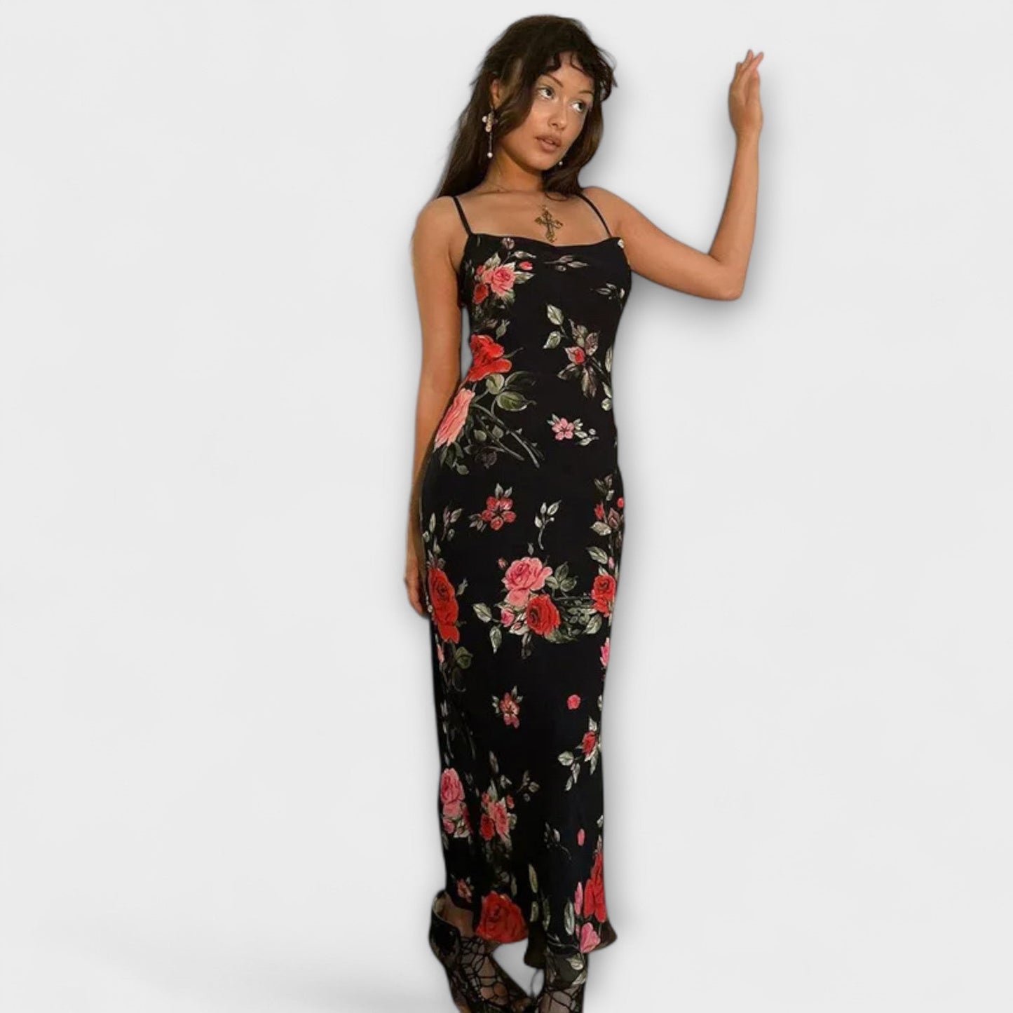 Robe à Bretelles Spaghetti à Imprimé Floral pour les Fêtes