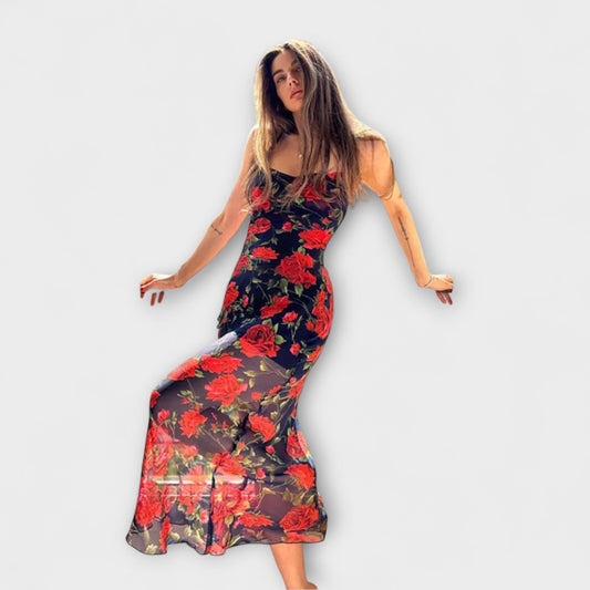 Robe à Bretelles Spaghetti à Imprimé Floral pour les Fêtes