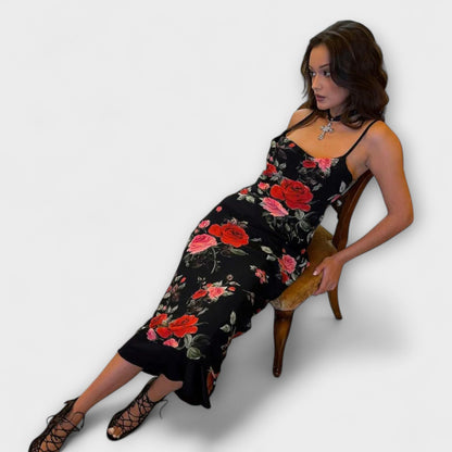 Robe à Bretelles Spaghetti à Imprimé Floral pour les Fêtes