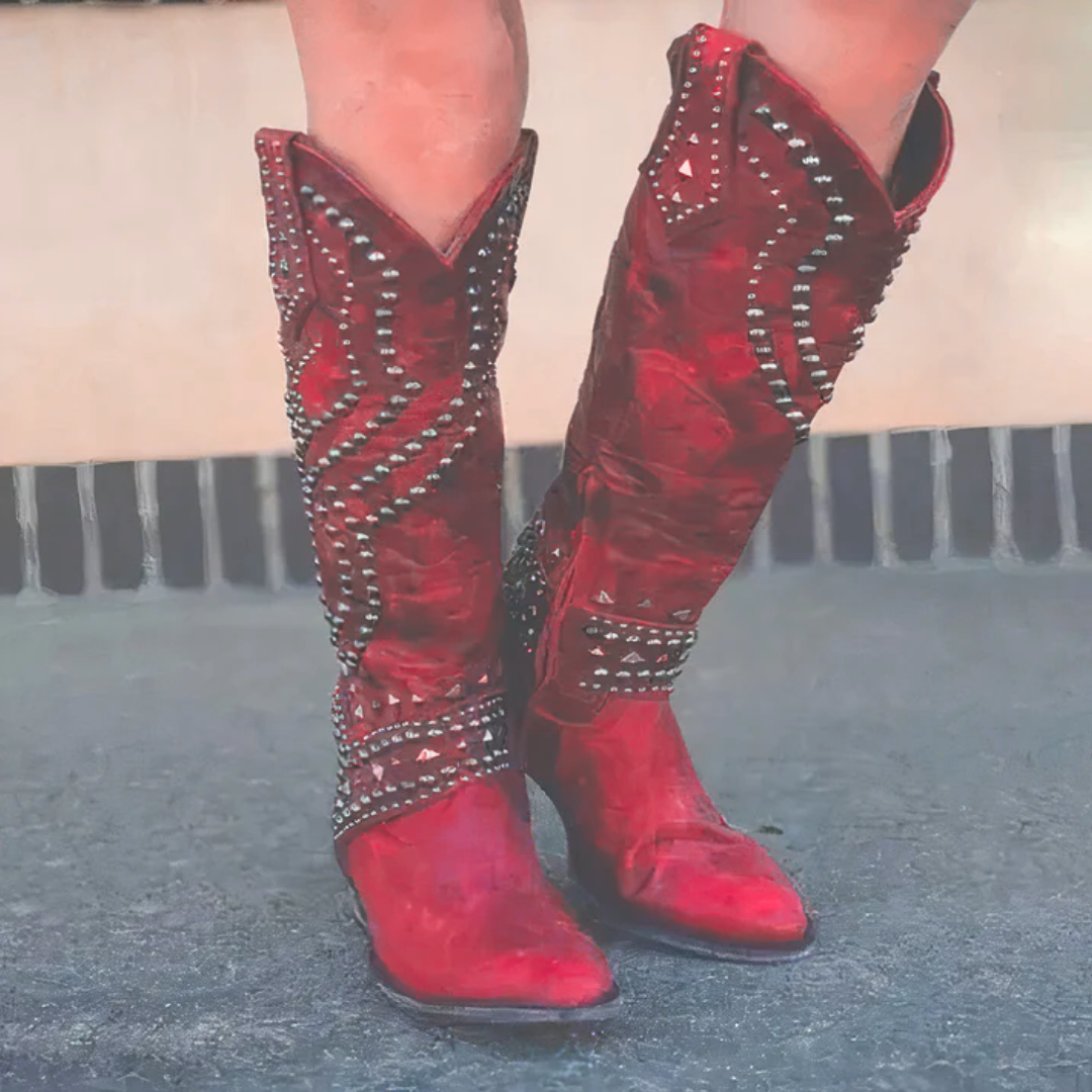Bottes de Cowboy à Talon Épais pour Femmes avec Clous