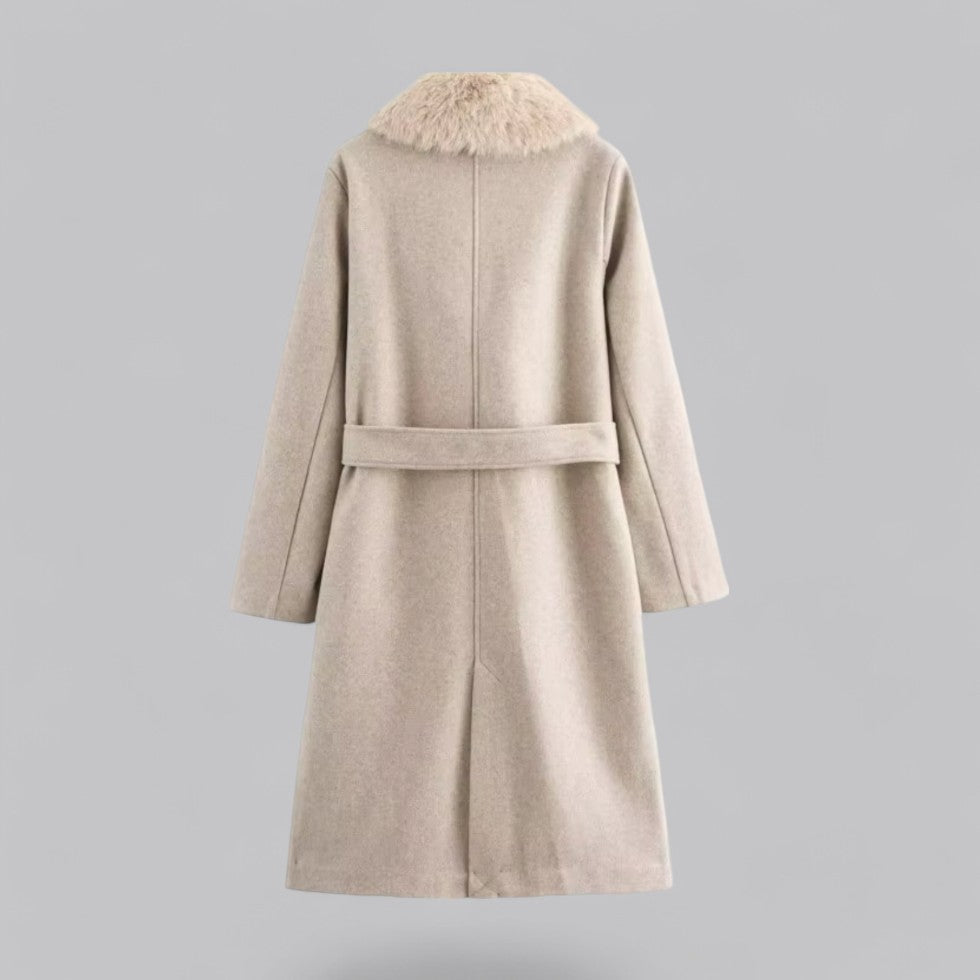 Manteau Trench Beige Chic à Double Boutonnage avec Col en Faux Fausse Fourrure pour Sorties Élégantes