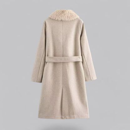 Manteau Trench Beige Chic à Double Boutonnage avec Col en Faux Fausse Fourrure pour Sorties Élégantes