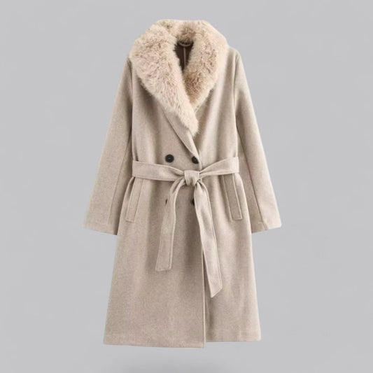 Manteau Trench Beige Chic à Double Boutonnage avec Col en Faux Fausse Fourrure pour Sorties Élégantes
