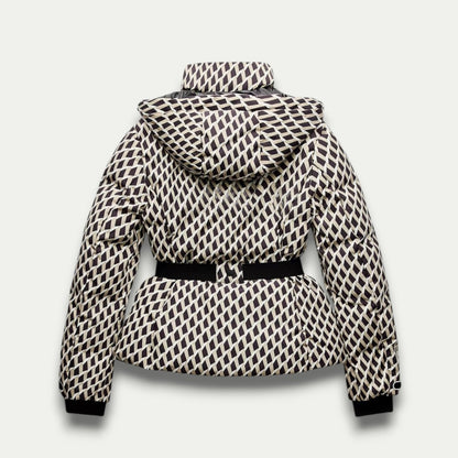 Veste Puffer Beige à Motifs pour Femmes – Isolation Élégante avec Ceinture pour les Activités de Plein Air