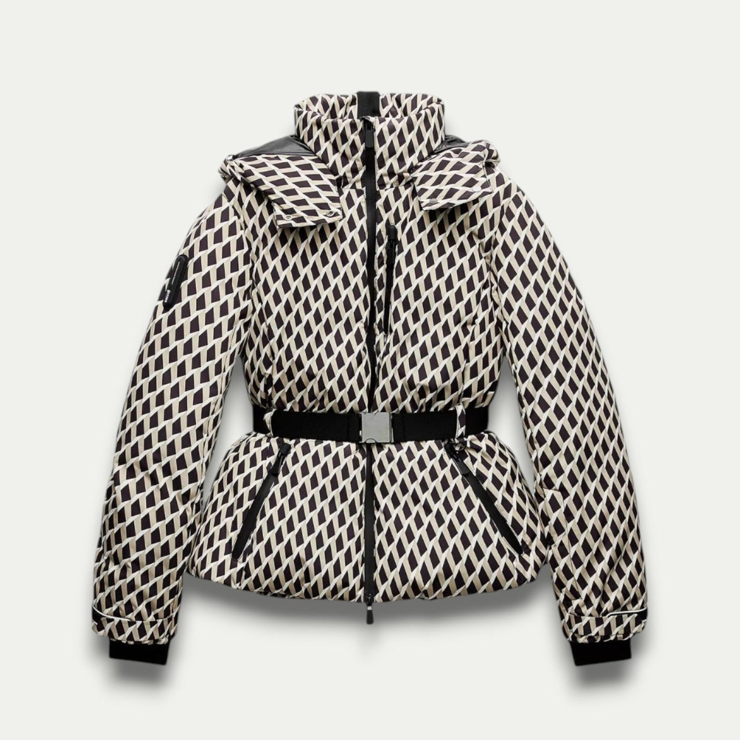 Veste Puffer Beige à Motifs pour Femmes – Isolation Élégante avec Ceinture pour les Activités de Plein Air