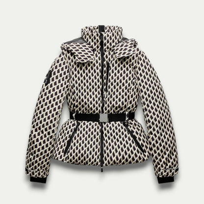 Veste Puffer Beige à Motifs pour Femmes – Isolation Élégante avec Ceinture pour les Activités de Plein Air