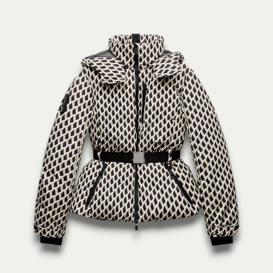 Veste Puffer Beige à Motifs pour Femmes – Isolation Élégante avec Ceinture pour les Activités de Plein Air