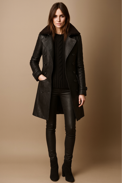 Manteau Trench Chic en Simili Cuir Noir pour Occasions Élégantes