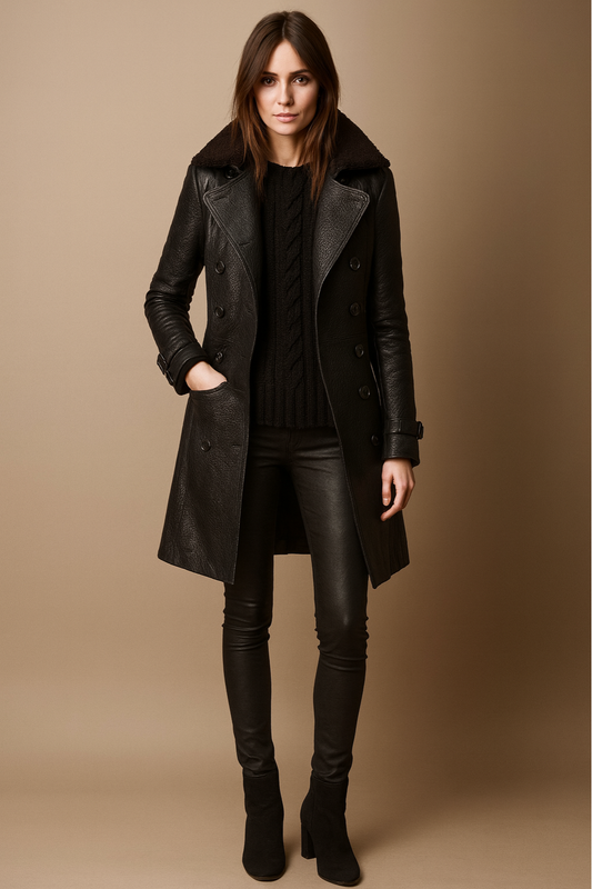 Manteau Trench Chic en Simili Cuir Noir pour Occasions Élégantes