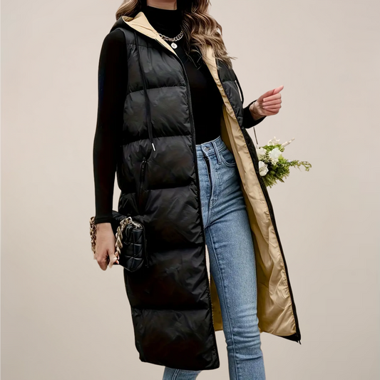 Gilet Longline Noir pour Femmes – Gilet à Capuche Élégant pour Aventures en Plein Air