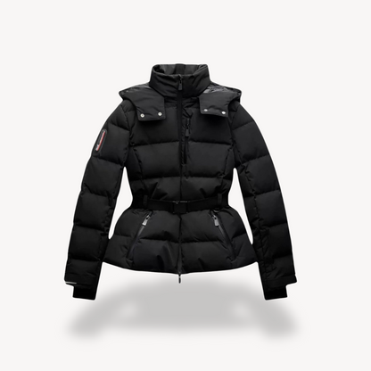 Veste Puffer Noire Isolée pour Femmes avec Ceinture - Idéale pour le Plein Air