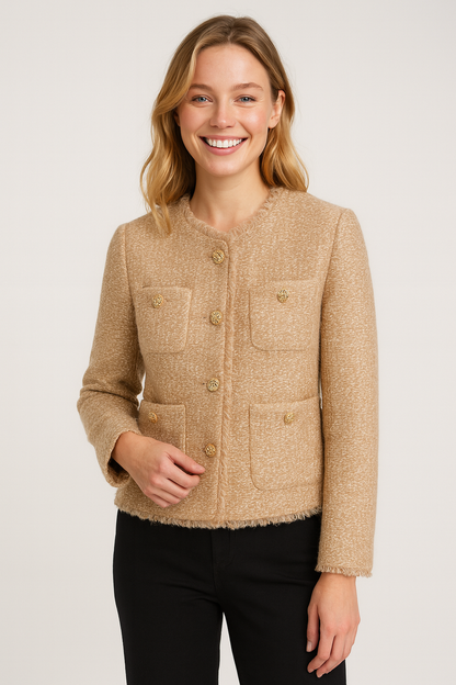 Blazer Femme Chic Sans Col avec Boutons Dorés