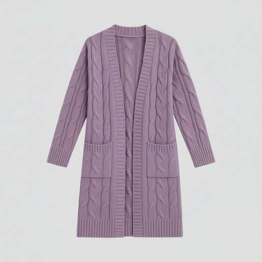 Cardigan long en tricot torsadé pour femmes avec poches